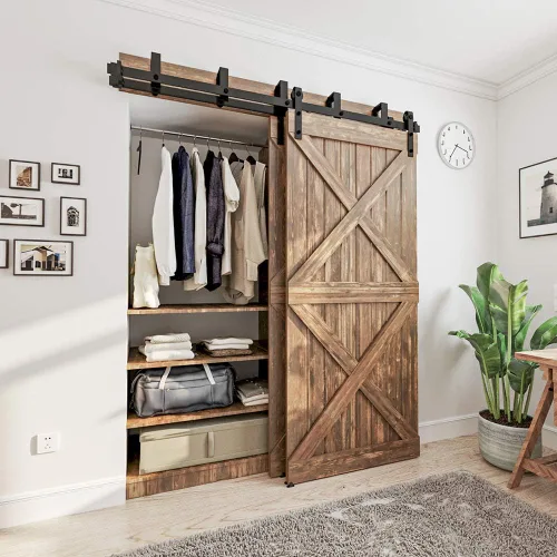 Vista 8 de WINSOON Kit de herrajes para puertas de madera de granero de 4 a 16 pies, diseño de plegado, soporte de montaje en pared para puertas de madera