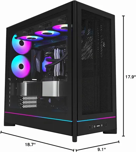 Vista 15 de Caja de PC Montech Serie HS ATX de torre media, PC para juegos, alto flujo de aire, diseño reversible, panel frontal curvo robusto de vidrio