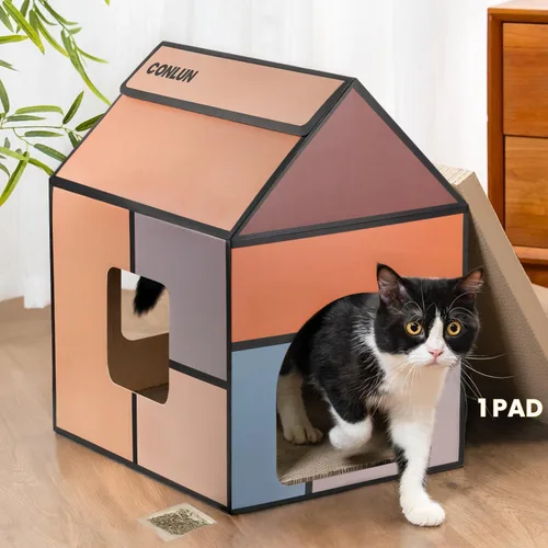 Vista 11 de Conlun Casa de cartón para gatos con almohadilla para rascar y hierba gatera, casa rascador para juegos de gatos para muebles de interior, rascador