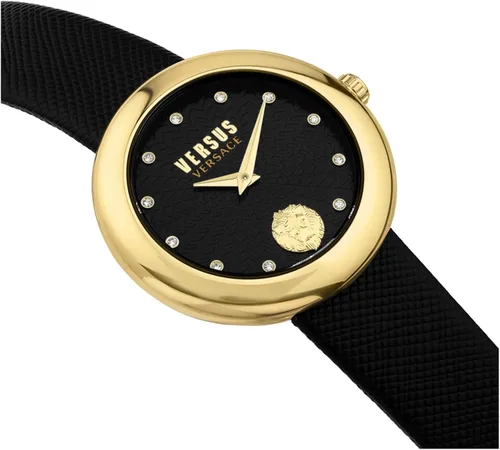 Vista 2 de Versus Versace Lea Collection Reloj de lujo para mujer con correa negra con caja dorada y esfera negra, Oro, Lea