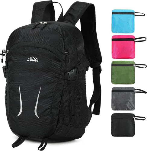Vista 14 de Mochila pequeña de senderismo para viajes, ligera, plegable, mochila de día resistente al agua, mochilas plegables de 15L para viajes, mujeres, Negro