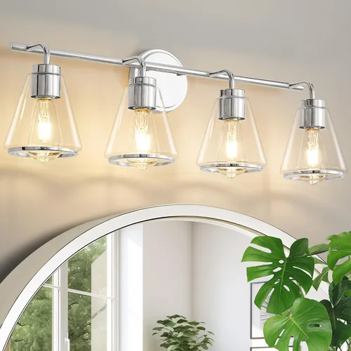 Vista 11 de Accesorios de iluminación de baño sobre espejo Luces de tocador doradas de 2 luces con pantalla de vidrio transparente de 14 pulgadas Luces