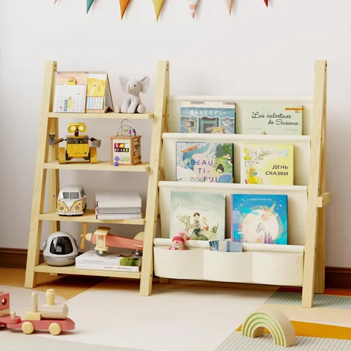 Vista 8 de Organizador de Almacenamiento de Juguetes de Madera Estantería para Niños, con 12 Contenedores Organizadores de Juguetes, Estante de Libros