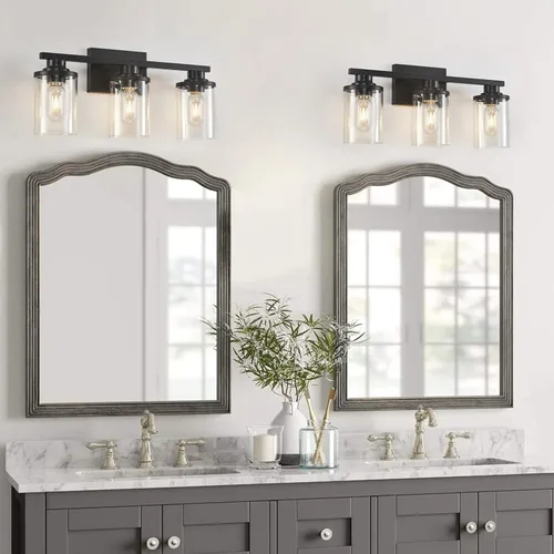 Vista 8 de 3 Luces Negras para Tocador de Baño con Pantalla de Vidrio Transparente, Apliques de Pared Modernos de Iluminación para Baño Sobre Espejo
