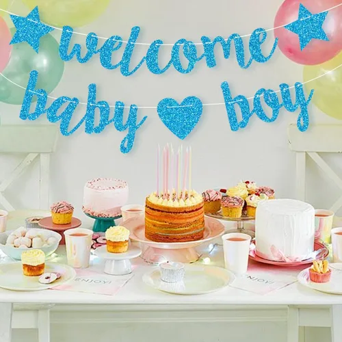 Vista 2 de Decoraciones de baby shower para niños, pancarta de bienvenida con purpurina, banderines colgantes para fiesta de cumpleaños de recién nacidos, Azul
