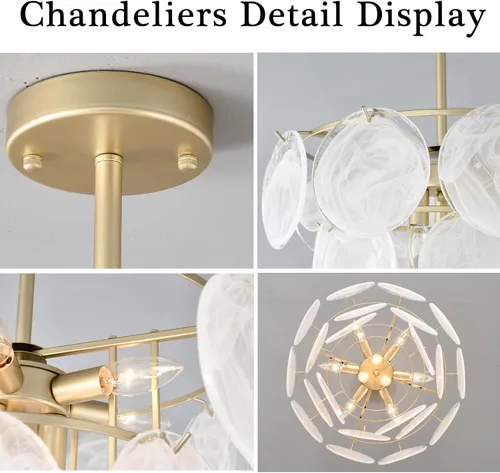 Vista 7 de Candelabros dorados modernos de cristal semiempotrados para techo para comedor, lámpara redonda de cristal de 19.7 pulgadas, lámpara colgante