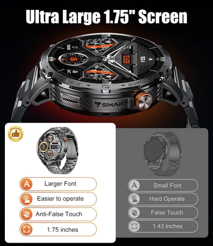 Vista 8 de LIGE - Reloj inteligente militar para hombre, pantalla táctil AMOLED HD grande de 1.75"/730mAh, relojes inteligentes con luz LED para Android iOS