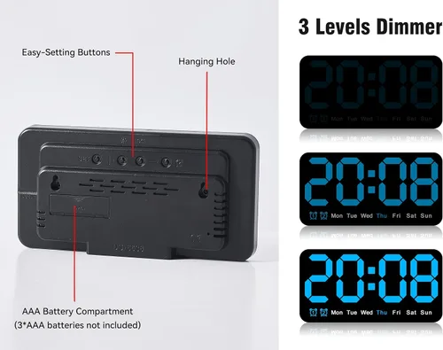 Vista 5 de Reloj de pared digital grande de 9.5 pulgadas con pantalla LED, DST automático, alarma dual con repetición, brillo ajustable, visualización