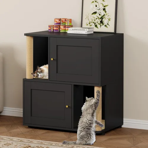 Vista 9 de Caja de arena para gatos para 2 gatos, armario de metal oculto doble con poste rascador para gatos, muebles grandes para baño de mascotas, mesa