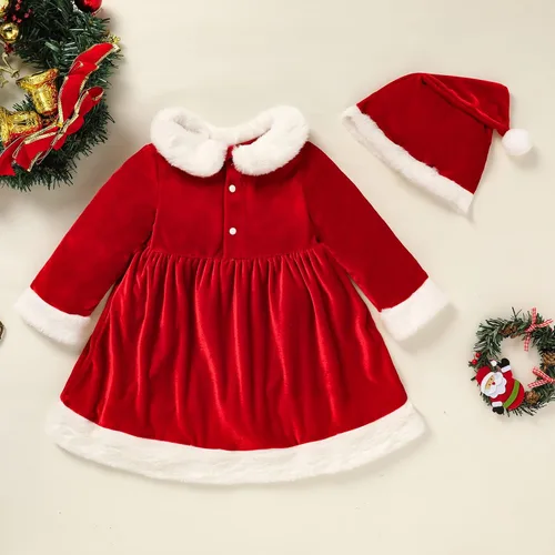 Vista 3 de GRNSHTS Toddler Baby Girl Christmas Dress Velvet Santa Long Sleeve Dress with Hat 2PCS Xmas Costumes