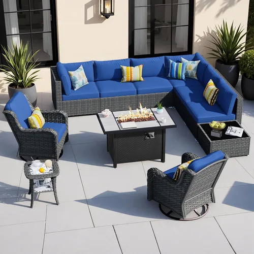 Vista 17 de HOOOWOOO Juego de sofá modular para patio al aire libre, 7 piezas en forma de U, juego de sofá de mimbre rústico para 6 personas, juego de Beige