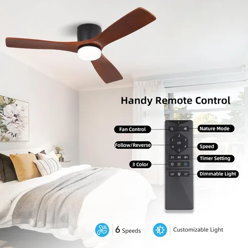 Vista 2 de WINGBO Ventilador de techo CC de montaje empotrado de 48 pulgadas, luz regulable 3CCT, 3 cuchillas de madera tallada, motor CC reversible sin ruido