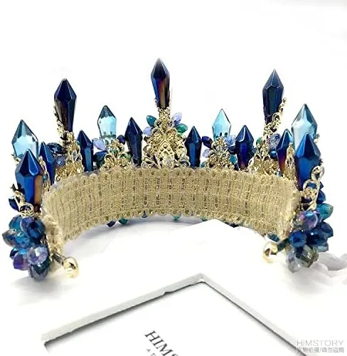 Vista 5 de hair jewelry crown tiaras for women Brides Oversize Blue Baroque Royal Tiaras Crown Headpiece Retro Green Rhinestone Tiara Hairbands Wedding Hair