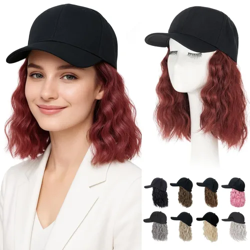 Vista 30 de Hairro Peluca de gorra de béisbol con cabello adjunto, corto estilo Bob ajustable, extensiones de cabello sintético para mujeres, balayage