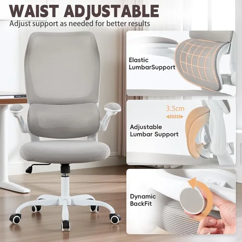 Vista 8 de Silla de oficina ergonómica, silla de escritorio de malla transpirable con respaldo alto para computadora con soporte lumbar ajustable y Blanco