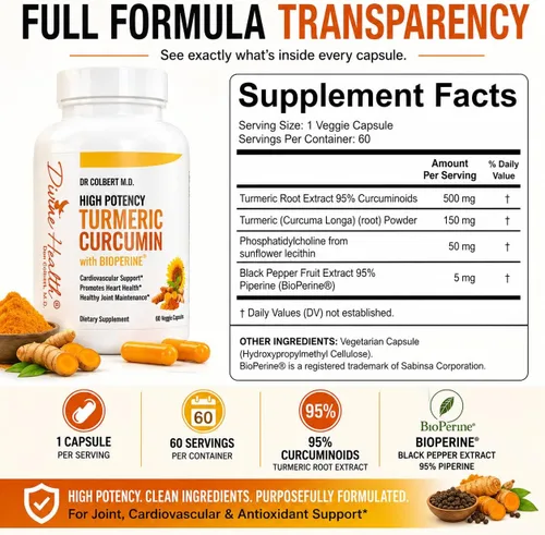 Vista 5 de Cúrcuma de alta potencia del Dr. Colbert con bioperina 60 cápsulas 500 mg extracto de raíz de cúrcuma