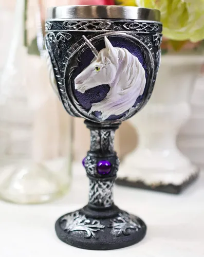 Vista 2 de Ebros Gift Gran figura mágica sagrada púrpura real gemas blancas unicornio vino de pureza cáliz cáliz figura con arte de desplazamiento y nudos