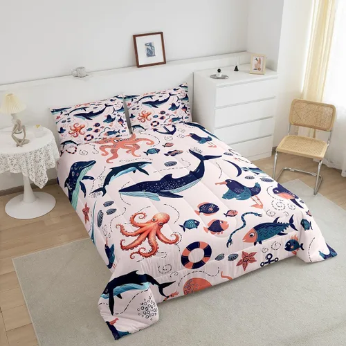 Vista 3 de Erosebridal Juego de edredón de animales costeros para niños y niñas, juego de ropa de cama de ballena de dibujos animados, tamaño individual, lindo