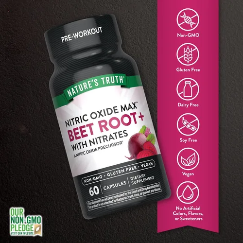 Vista 3 de Nature's Truth Cápsulas de raíz de remolacha 60 unidades Óxido nítrico para hombres y mujeres Suplemento vegano, sin OMG y sin gluten