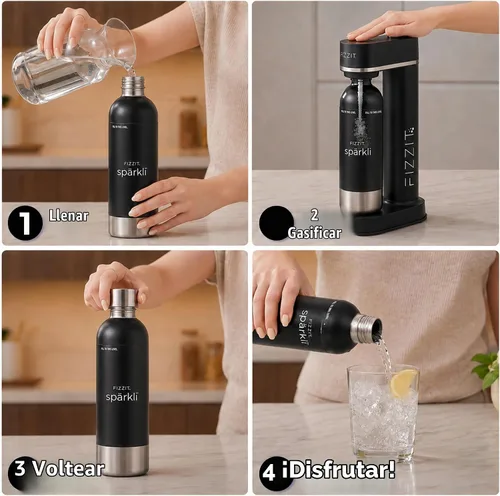 Vista 6 de FIZZIT Botella de Carbonatación de Acero Inoxidable Negro Compatible con Algunos Fabricantes de Soda Botella de Agua con Gas Reutilizable, Apta