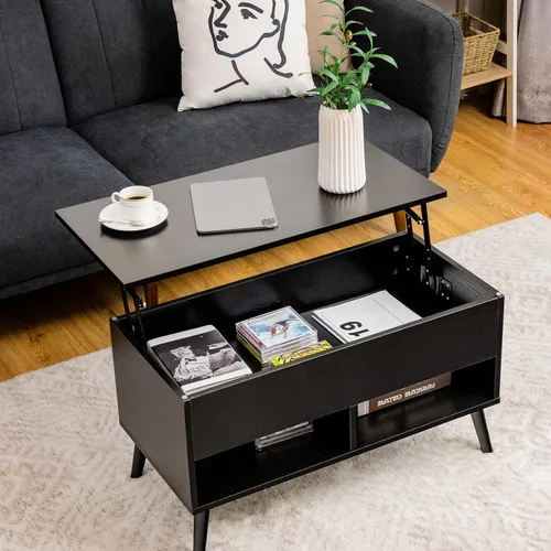 Vista 2 de Tangkula Mesa de centro elevable, mesa de comedor de madera con almacenamiento oculto y 2 estantes abiertos, dispositivo de elevación hidráulica