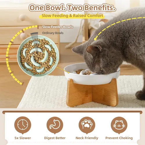 Vista 4 de Soporte elevado para cuenco para gatos, base de bambú para plato de gato, soporte antideslizante para alimentación de mascotas, antivómitos y sin