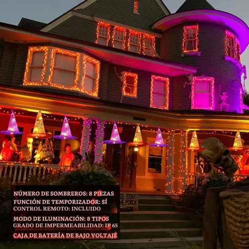 Vista 3 de Dazzle Bright 8 luces colgantes de sombrero de bruja para colgar, decoraciones de Halloween impermeables con control remoto para decoración