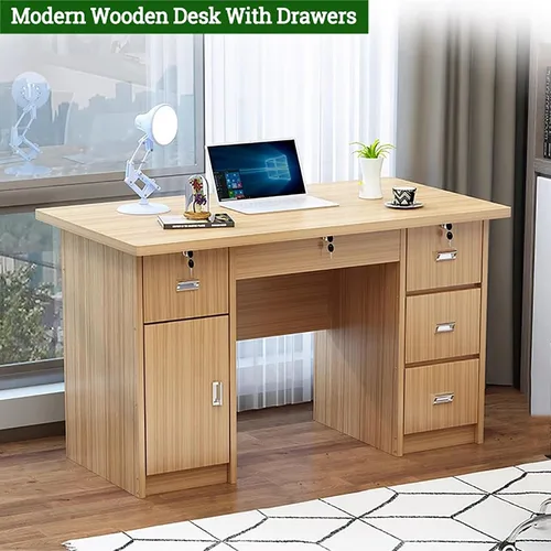 Vista 3 de Escritorio de oficina en casa con cajones, escritorio de madera para computadora, escritorio de tocador, mesa de estudio con almacenamiento