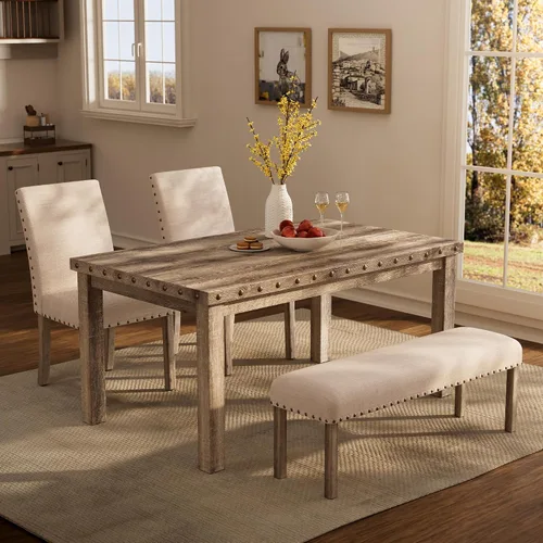 Vista 10 de Morden Fort Juego de Comedor Estilo Granja para 4, Mesa Rectangular de Madera de 60" y 4 Sillas Tapizadas con Detalles de Tachuelas, Juego de Mesa