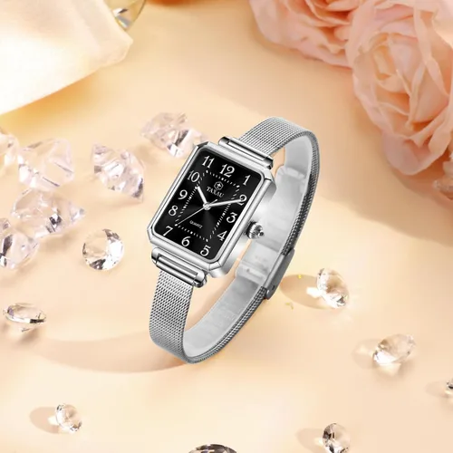 Vista 6 de Reloj cuadrado para mujer, pulsera de malla de acero inoxidable, rectangular, reloj de vestir para mujer, reloj de pulsera analógico de cuarzo