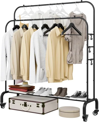 Vista 14 de SUOERNUO Perchero con ruedas para ropa, estante para colgar ropa resistente, estante metálico enrollable para dormitorio, armario (Negro)