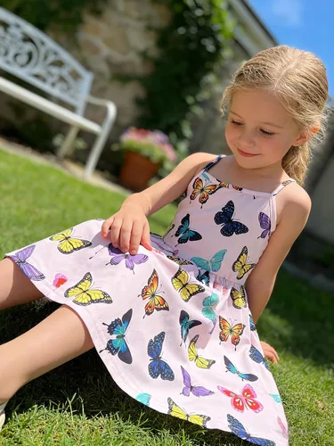 Vista 8 de Vestido de verano para niños pequeños, con tirantes delgados, sin espalda, con lazo, para cumpleaños, playa, vestido de playa A-Butterfly