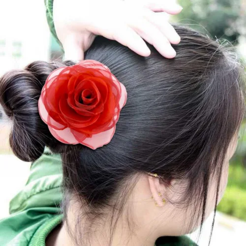 Vista 5 de adorables broches de rosas, clip para el cabello de flores de seda para mujer [joyas], sin metal, Rojo, XOTW05C4