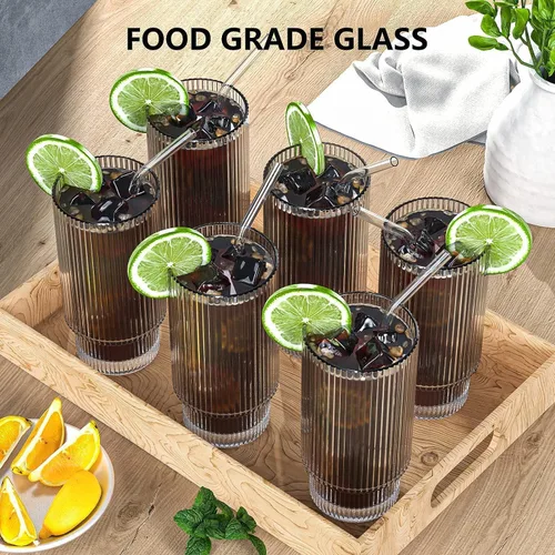 Vista 7 de CWHHRN Vaso de vidrio de 16 oz con tapa y pajita, vajilla vintage acanalada para whisky, cóctel, cerveza, tazas para café helado con tapa, vaso