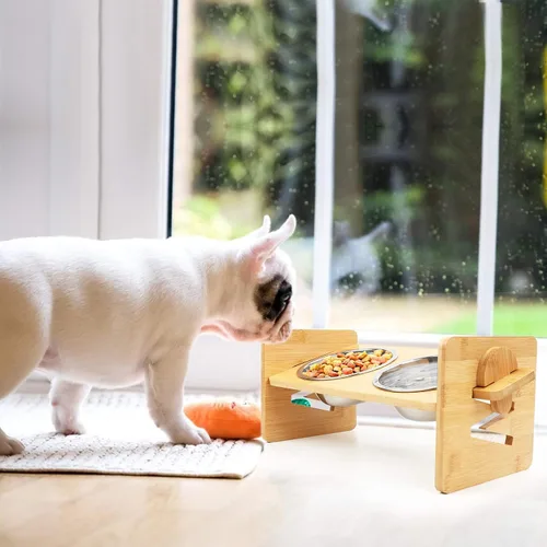 Vista 7 de Cuenco Elevado para Perros, Cuencos Elevados para Perros, Cuenco Inclinado para Mascotas de Agua y Comida, Estación de Alimentación de Bambú