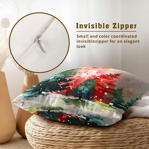 Vista 3 de Fundas de almohada de árbol de Navidad de acuarela, juego de 2 - 18x18 pulgadas, rojo verde, árboles de pino de Navidad, fundas de almohada