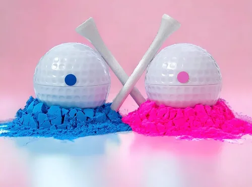 Vista 4 de Pelotas de golf para fiesta de revelación de género, 1 bola rosa rellena de polvo y 1 bola azul, sorpresa para bebé niño o niña, juego de golf