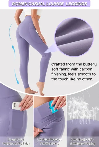 Vista 3 de YOYOYOGA Leggings de yoga para mujer con acabado de carbono, pantalones de yoga de cintura alta con bolsillos, leggings de entrenamiento para correr