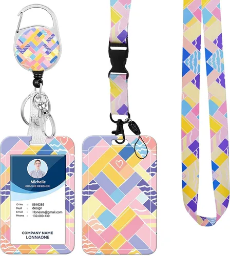 Vista 25 de Cordón con soporte para insignia, carrete retráctil con correa de cuello desmontable y soporte vertical para tarjetas de identificación