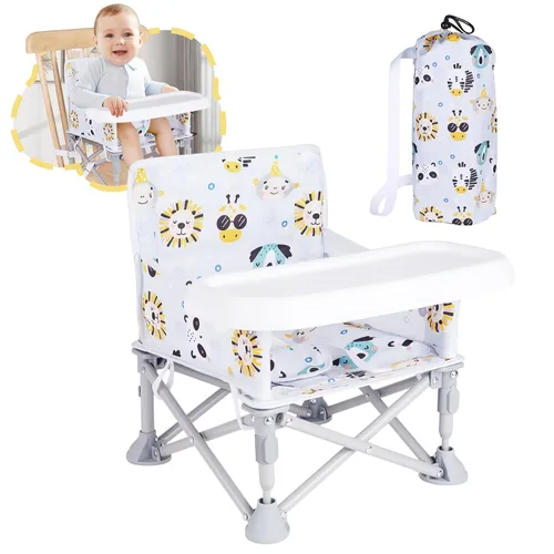 Vista 11 de Silla de bebé portátil, asiento elevador plegable con bandeja para mesa de comedor, silla de camping compacta para césped, playa, viajes, bebés de 6