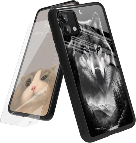 Vista 124 de Funda para Motorola Moto G Play 4G 2024 con protector de pantalla, parte trasera de vidrio templado + funda de silicona suave TPU absorción