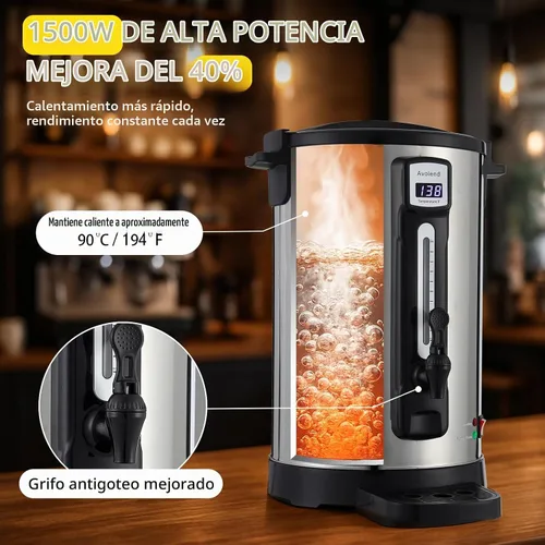 Vista 2 de Urna de café de 30 tazas de acero inoxidable de doble pared, cafetera comercial de 9L con función de mantener el calor, cafetera para eventos