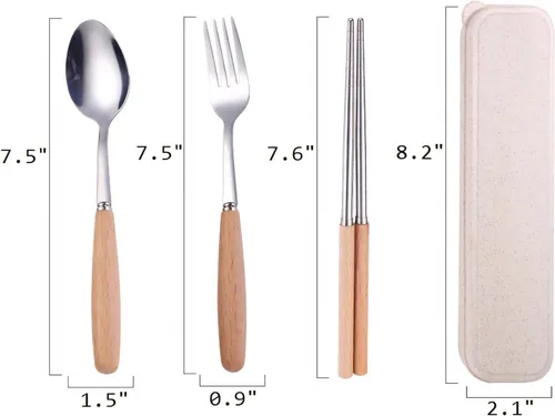 Vista 6 de Muka Juego de 3 cubiertos reutilizables con mango de madera con estuche y mango de madera