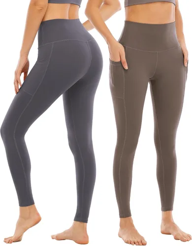 Vista 2 de YOUNGCHARM - Paquete de 4leggings con bolsillos para mujer, con cintura alta y control de abdomen, pantalones deportivos de yoga