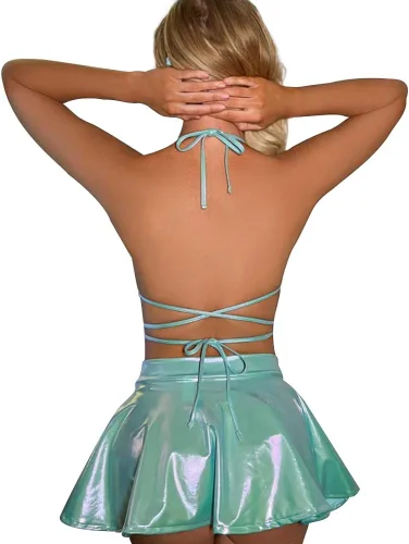 Vista 2 de Conjunto de traje metálico para rave para mujer, top corto brillante, falda de brasier, festivales de música, Halloween, cosplay, disfraz