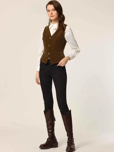 Vista 3 de Allegra K Chaleco de terciopelo steampunk para mujer, sin mangas, con botones, cuello en V, chalecos de traje