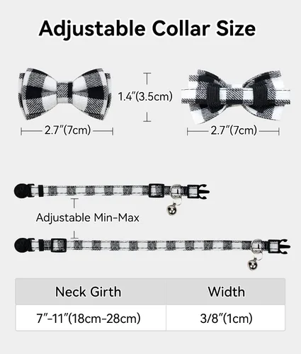 Vista 6 de Collar Joytale con corbatín y campana, lindos patrones de cuadros, 1 o 2 unidades de collares de seguridad para gato, Negro
