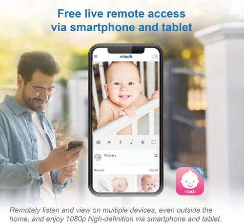 Vista 3 de VTech RM9751 Yellow Daisy Smart Wi-Fi Cámara para bebé, compatible con iOS y Android, 1080p Full HD, cubierta de modo de privacidad, luz nocturna