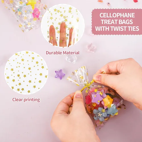Vista 3 de 100 bolsas de celofán, bolsas de celofán transparente impresas con estrellas doradas de 3 x 5 pulgadas, 100 lazos giratorios, para envolver regalos