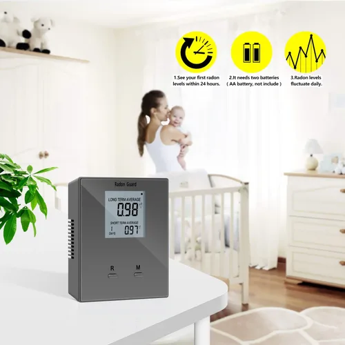 Vista 5 de Detector de radón para el hogar, medidor de radón portátil, monitor de radón a largo y corto plazo, alimentado por batería, previene niveles Gris